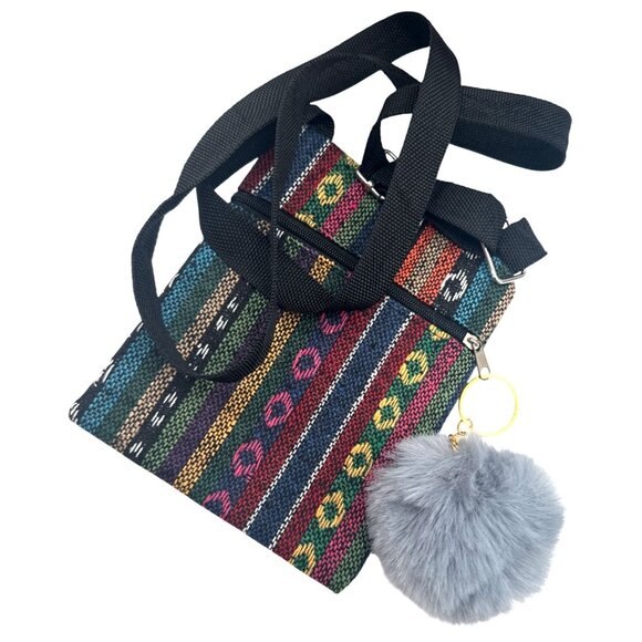 2/$30 Crossbody Bag Multicolor Stripes Gray Faux Mink Pom Pom Keychain NWT - Picture 8 of 11